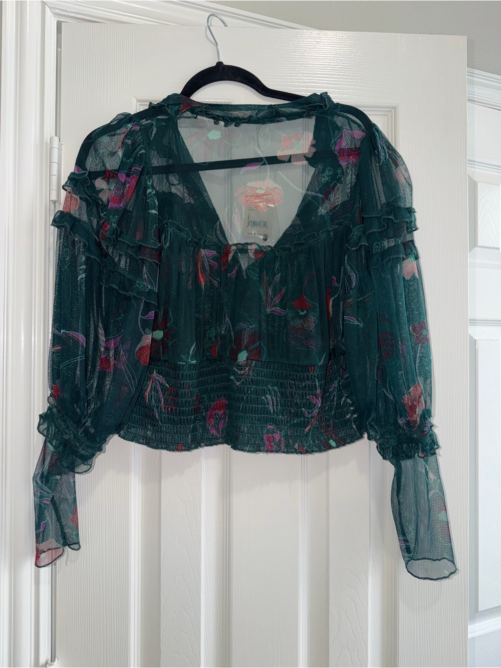 Free People Sheer Ruffled Floral Blouse in Teal and Magenta